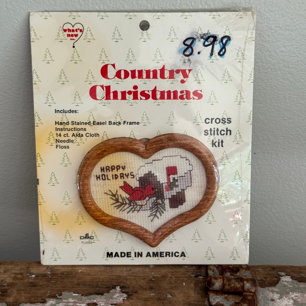 Vintage What's New Inc Country Christmas Cross Stitch Kit Heart Wood Frame DMC